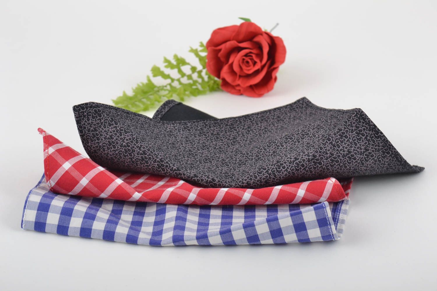 Set of 3 handmade colorful cotton handkerchiefs for suit pocket photo 1