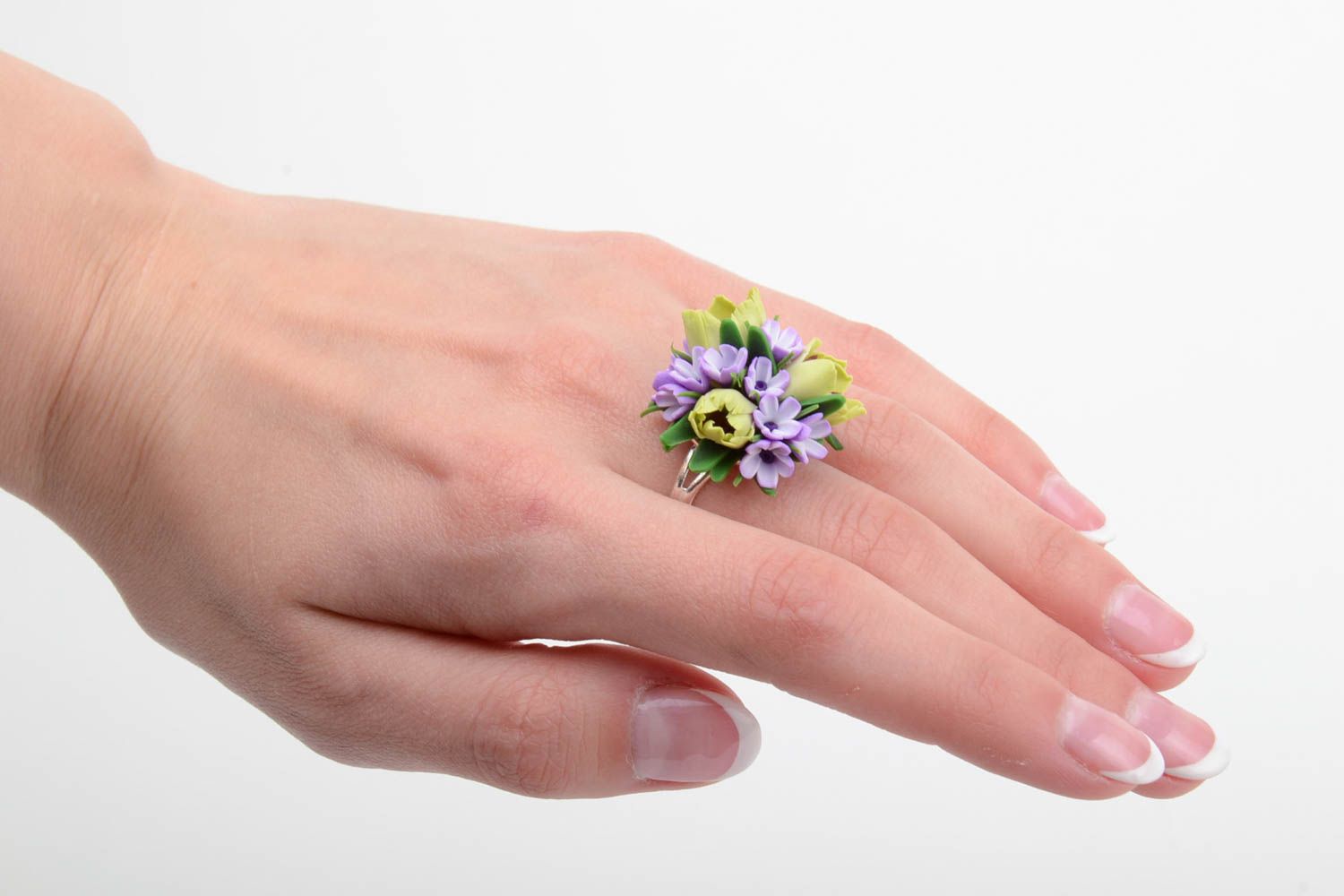 Handmade volume tender violet polymer clay floral ring with metal basis  photo 4
