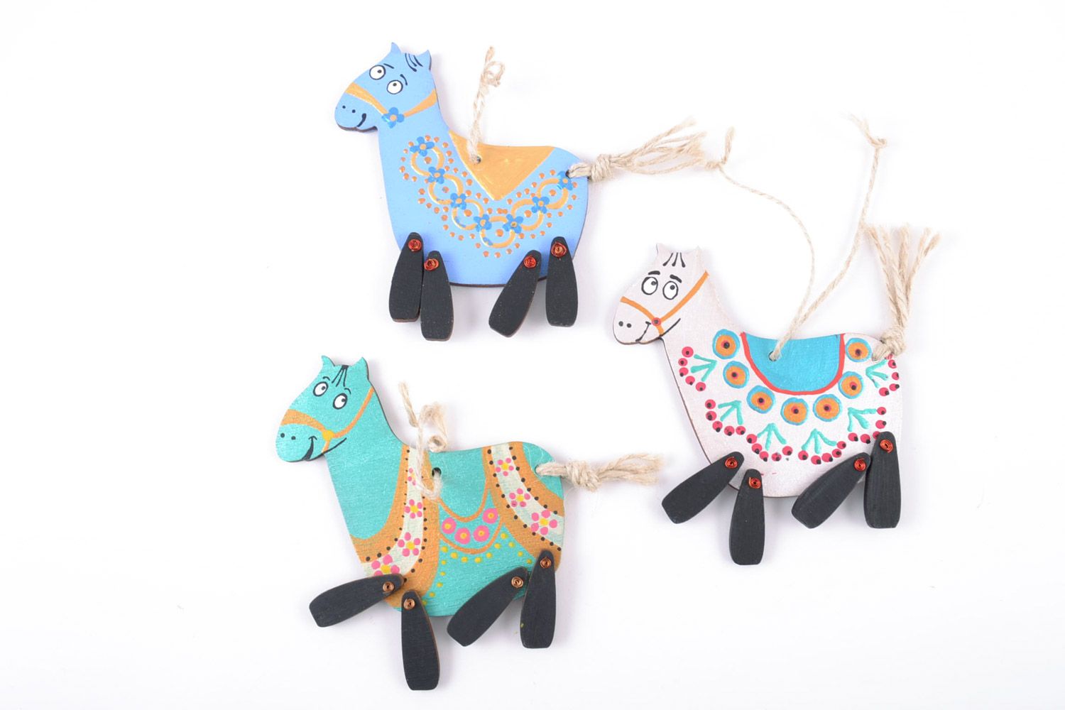Set of 3 handmade funny wooden interior wall hanging decorations colorful horses photo 3