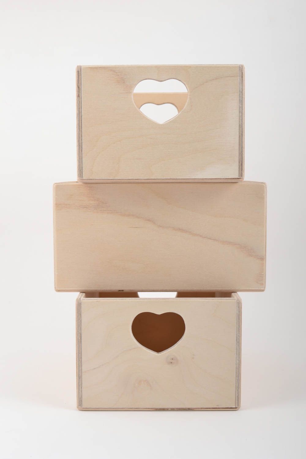 Set of 3 handmade plywood craft blank boxes with hearts for creative work photo 2