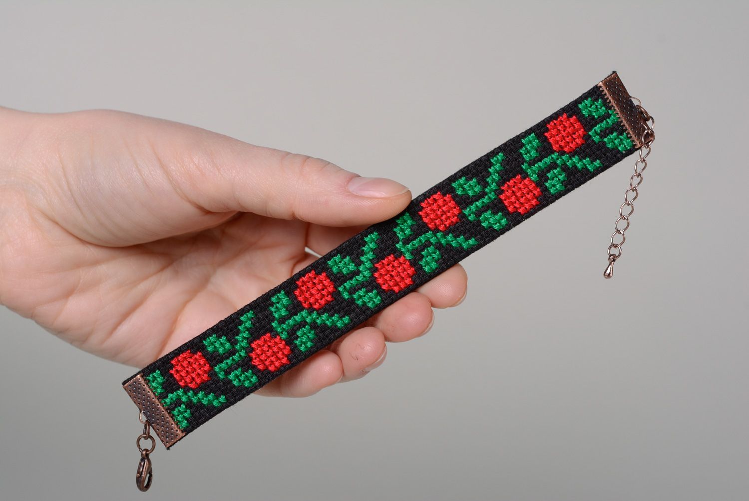 Handmade cross stitch embroidered textile bracelet  photo 4