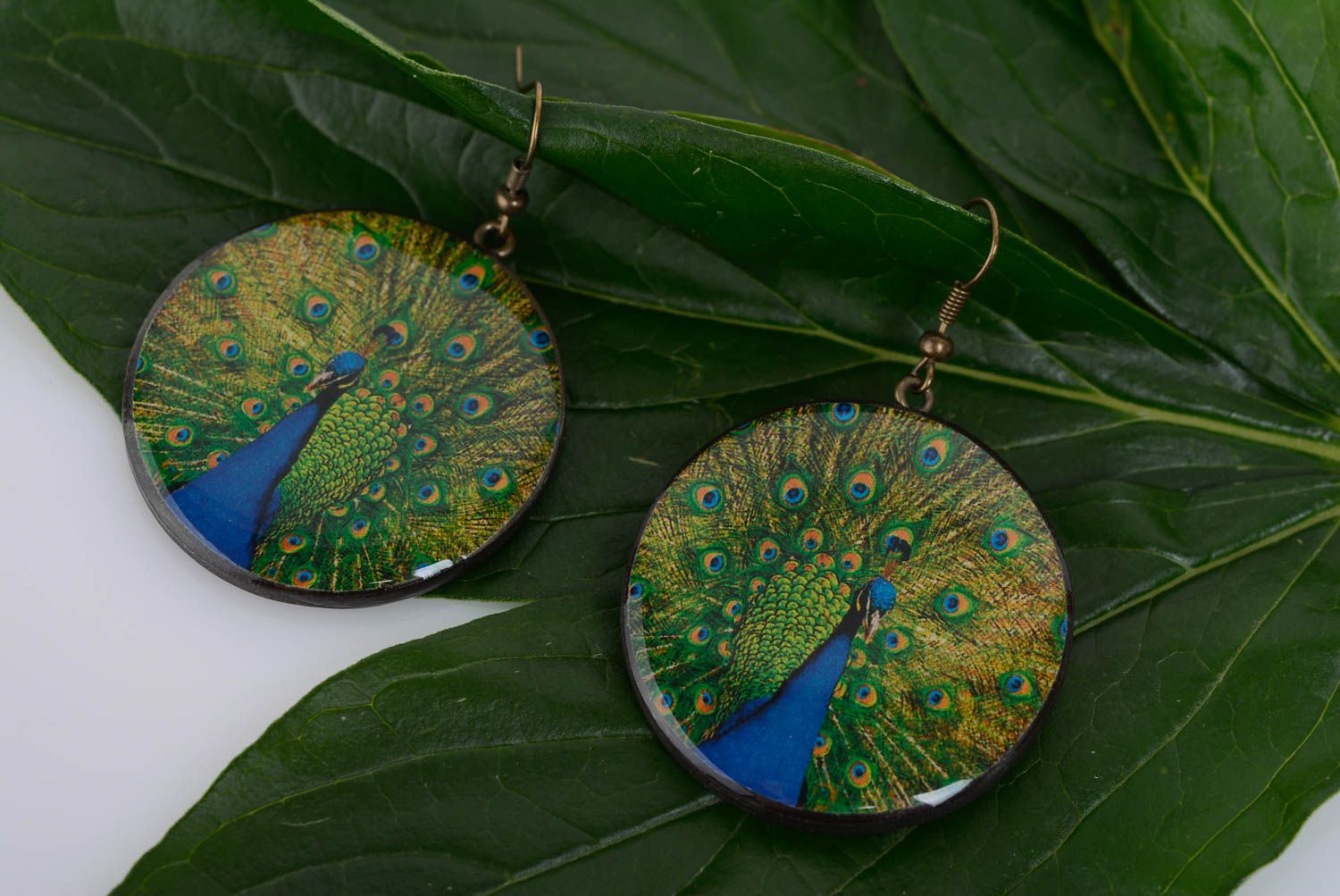 Beautiful handmade decoupage polymer clay round earrings with peacocks photo 3