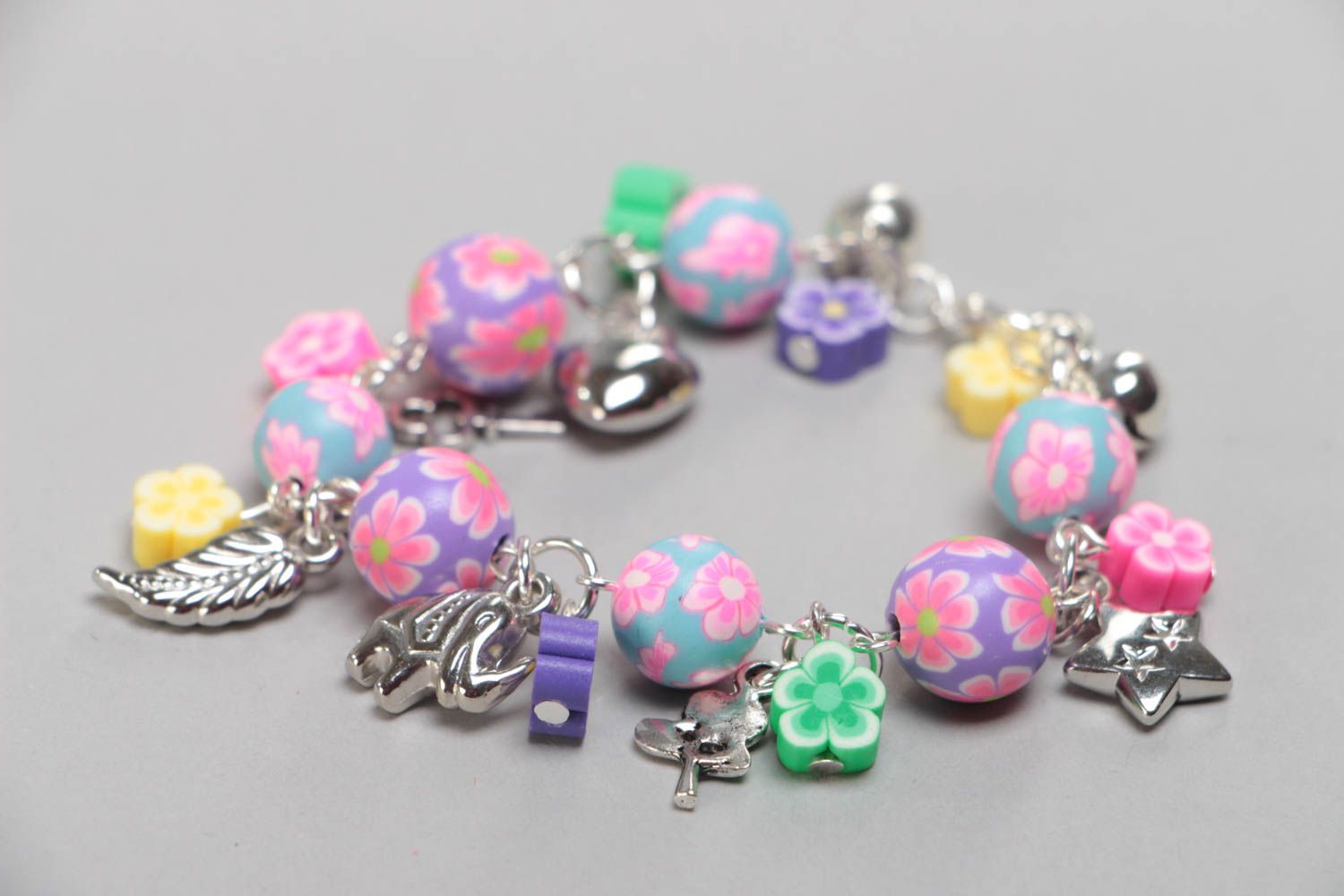 Bright colorful handmade children's polymer clay wrist bracelet with charms photo 2
