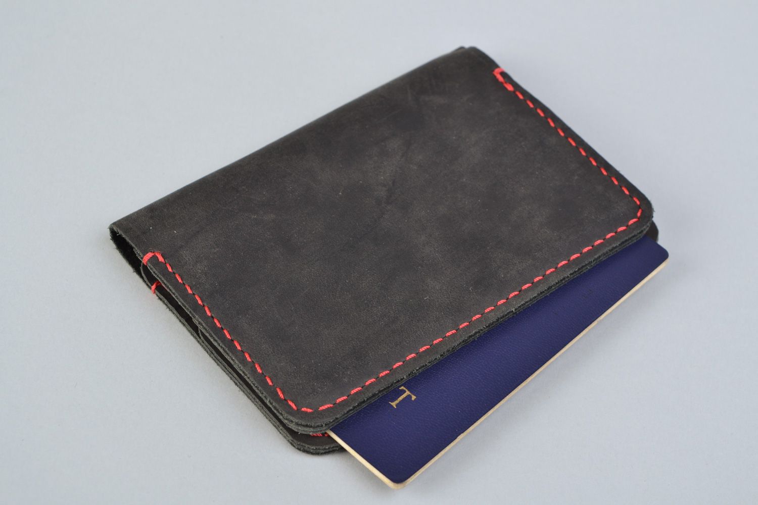 Handmade dark leather passport cover with pockets photo 1