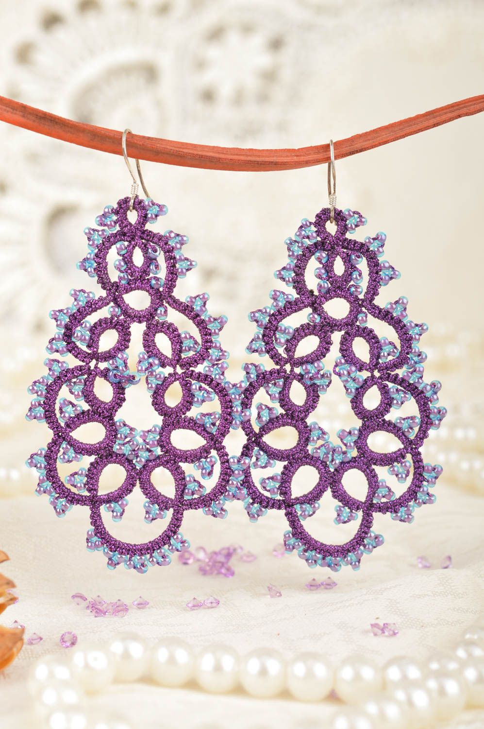 Handmade designer massive lace drop tatted dangle earrings of violet color photo 1