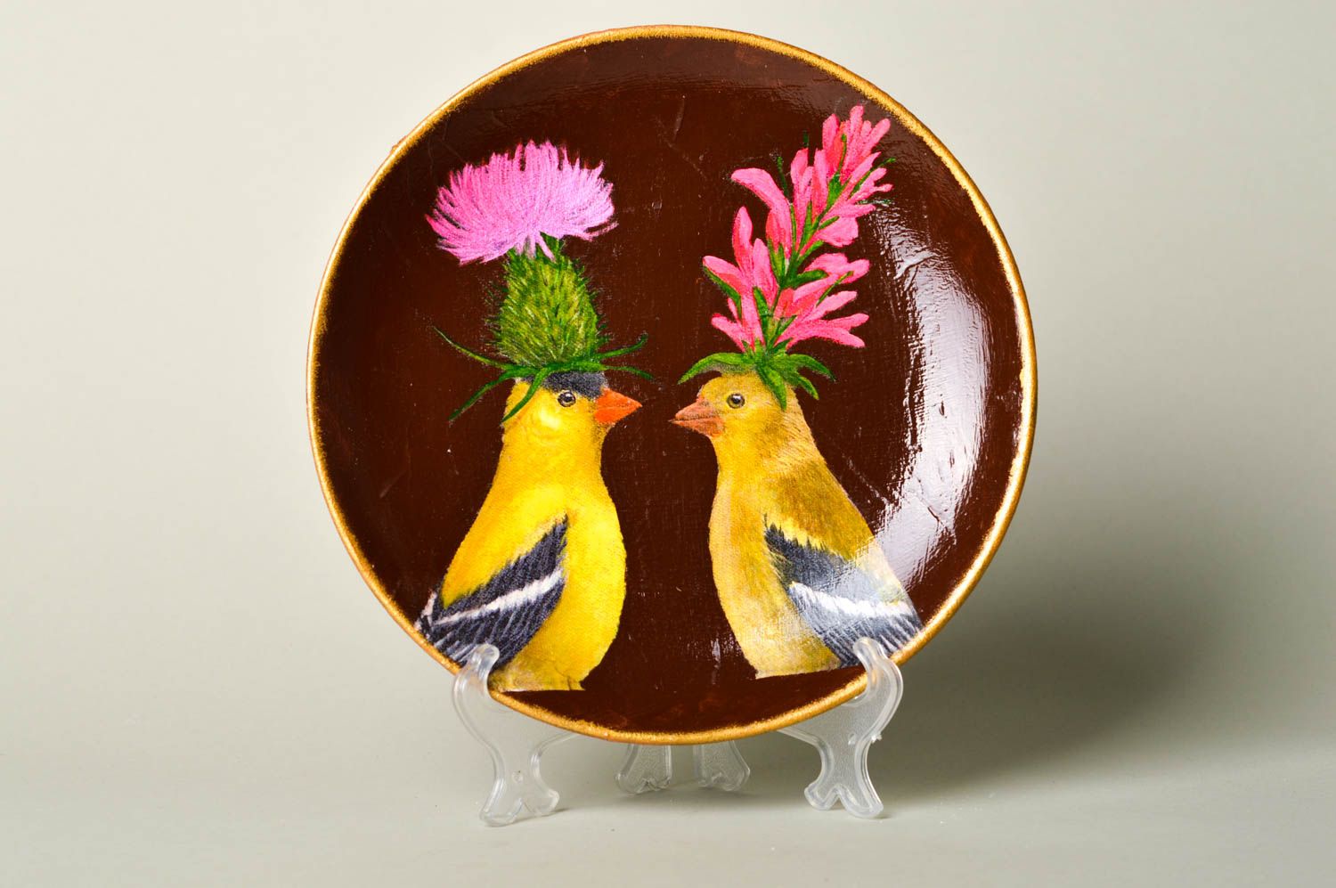 Assiette déco faite main Assiette céramique oiseaux jaunes Décoration cuisine photo 1