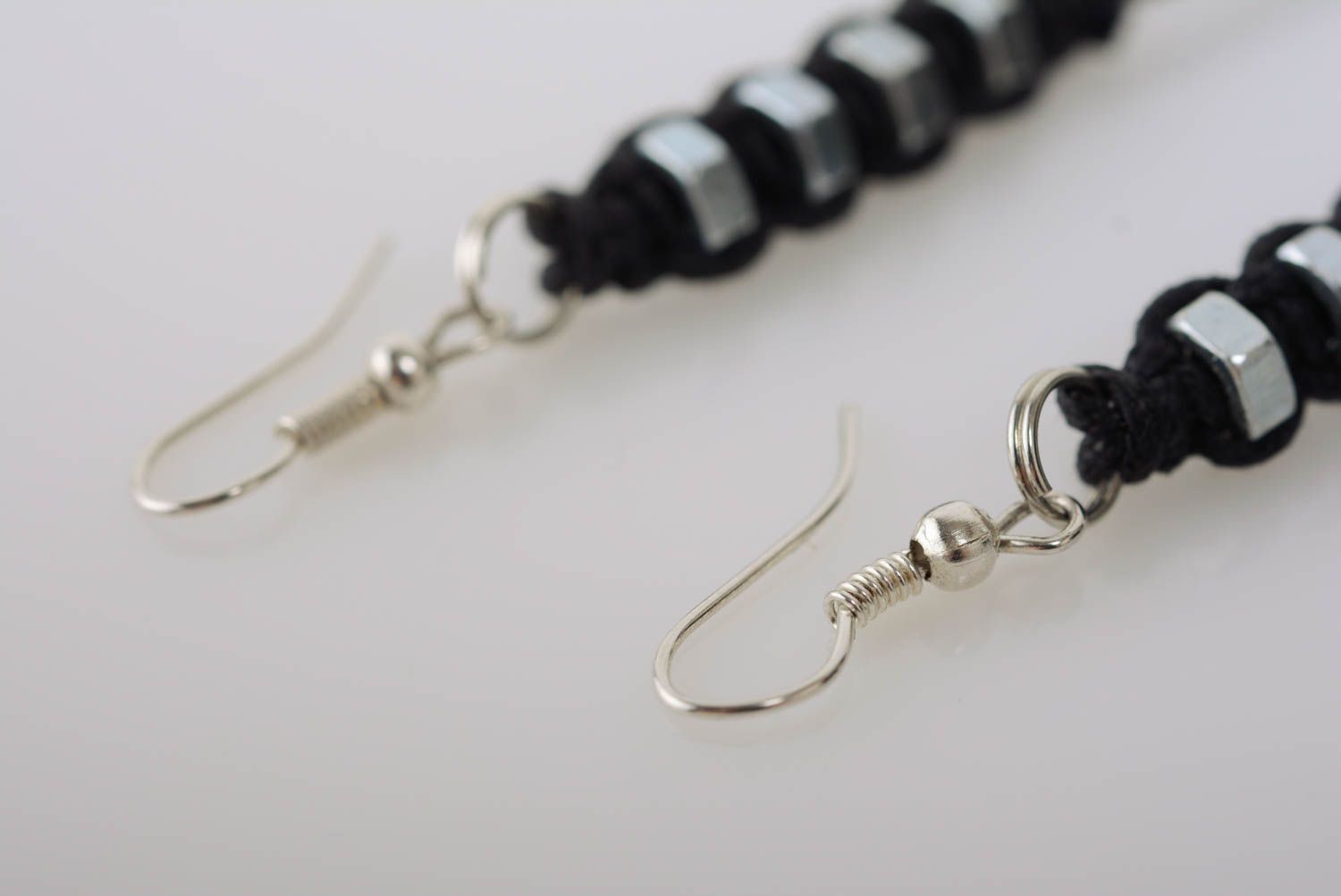 Handmade black designer macrame woven cord earrings with metal nuts photo 5