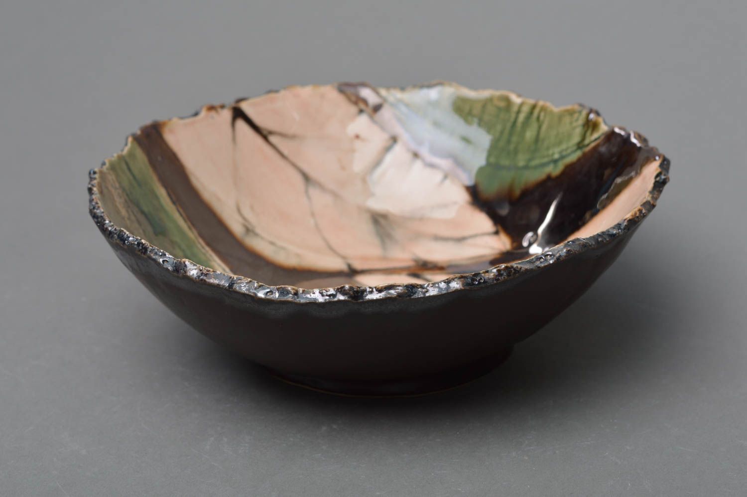 Handmade designer porcelain bowl with ragged edges glazed dark decorative photo 1