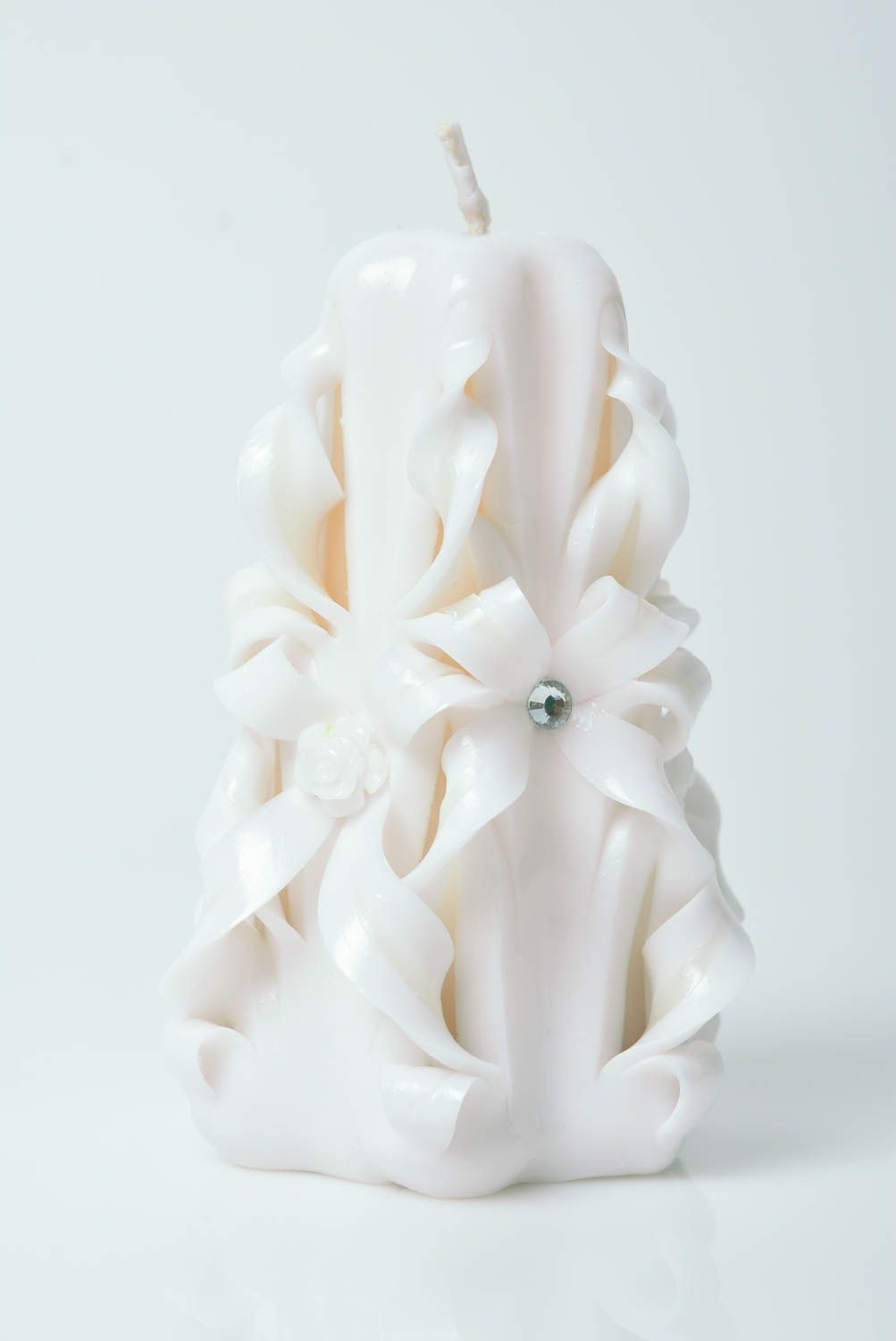 Bougie blanche sculptée faite main en paraffine décorée de strass pour mariage photo 1