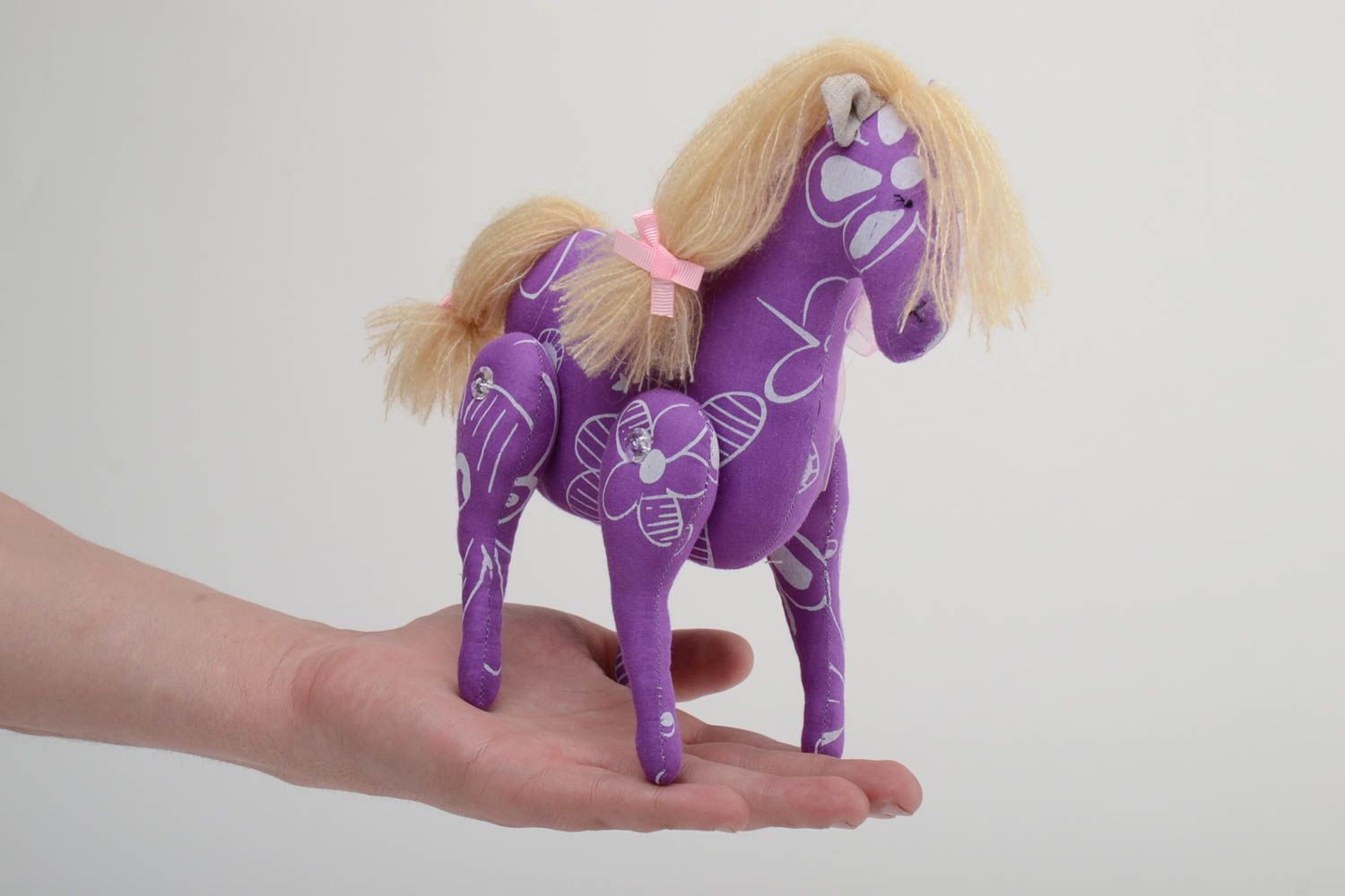 Handmade designer cotton fabric soft toy violet horse with beige threads mane photo 5