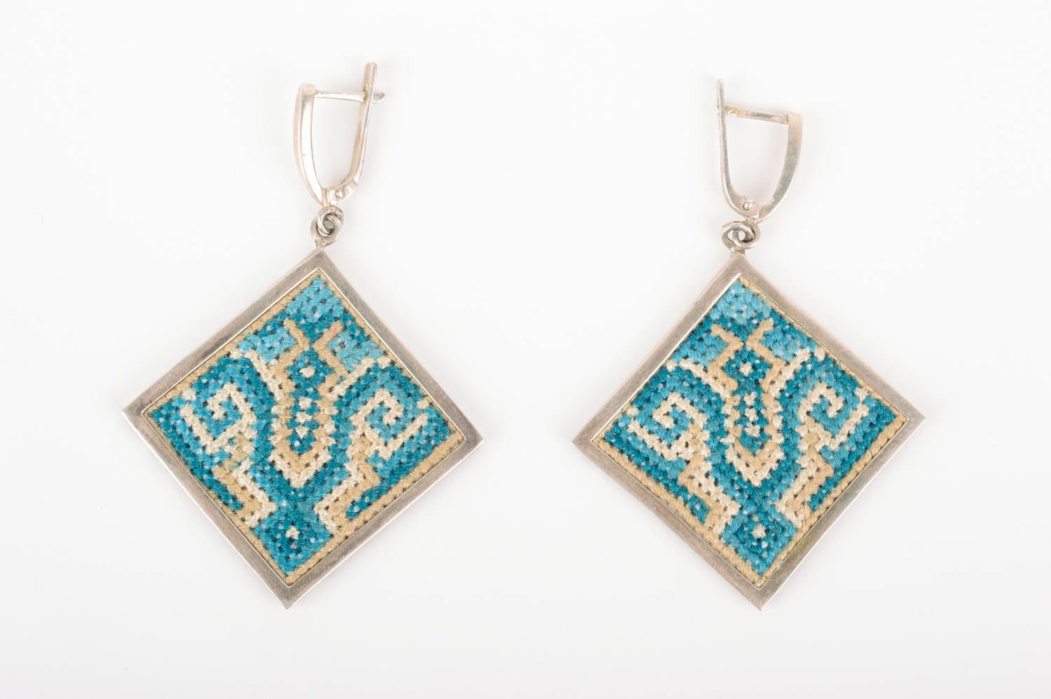 Handmade embroidered earrings designer fabric accessories with embroidery photo 1