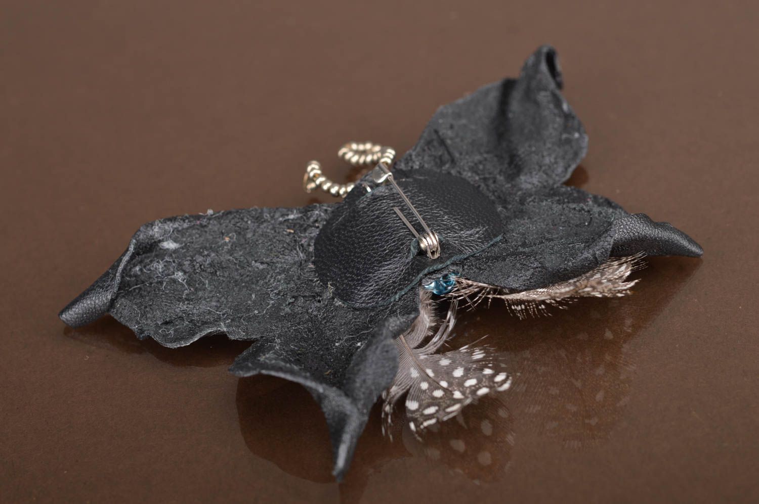 Handmade designer genuine leather black butterfly brooch embroidered with beads photo 4