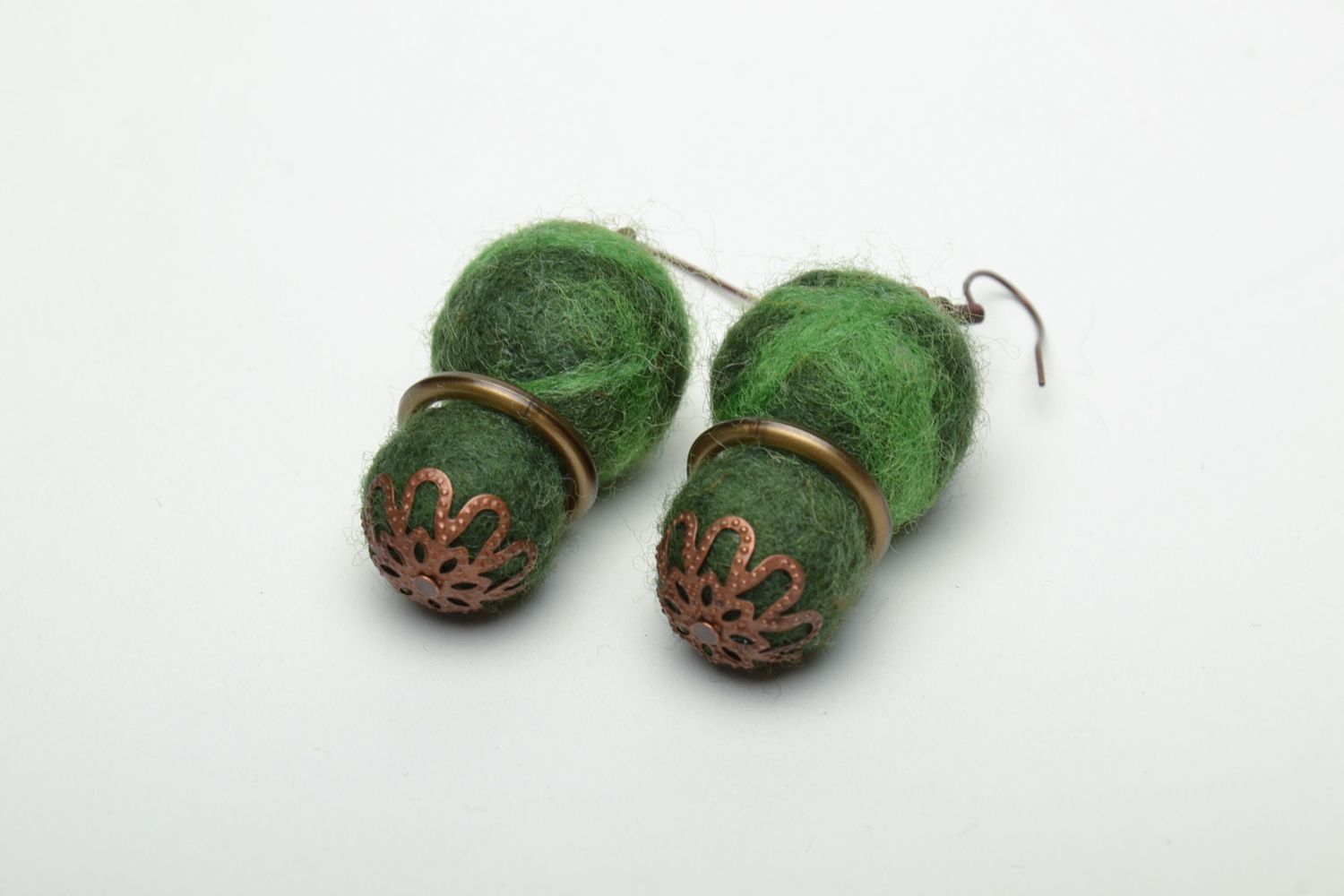 Green wet felted wool earrings photo 3