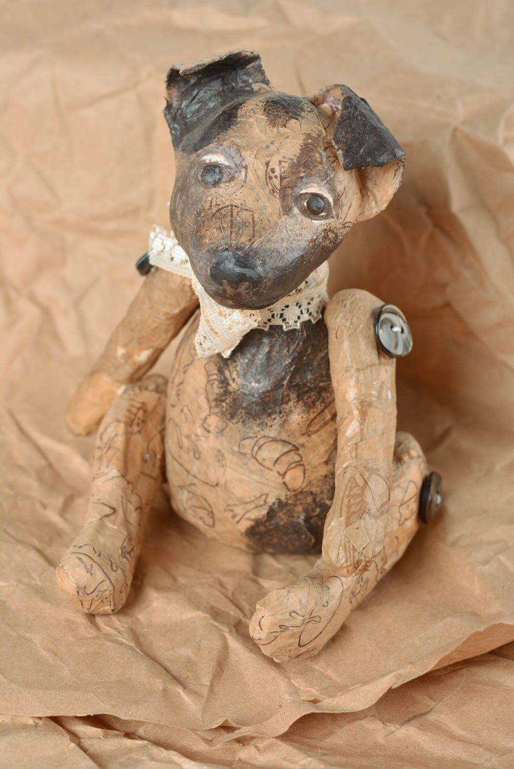 Handmade interior paper mache figurine of dog with movable paws for table decor photo 1
