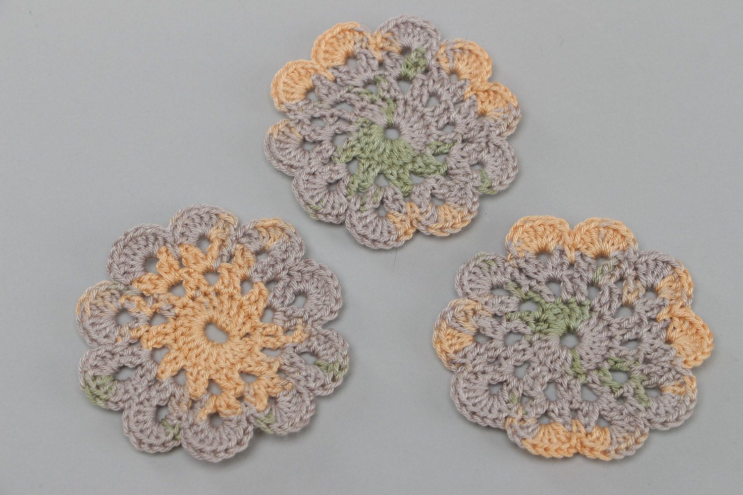 Set of handmade crochet flower coasters for cups 3 items photo 2