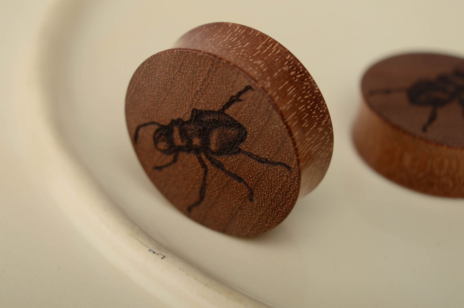 Beautiful wooden ear plugs with engraving Beetles photo 2