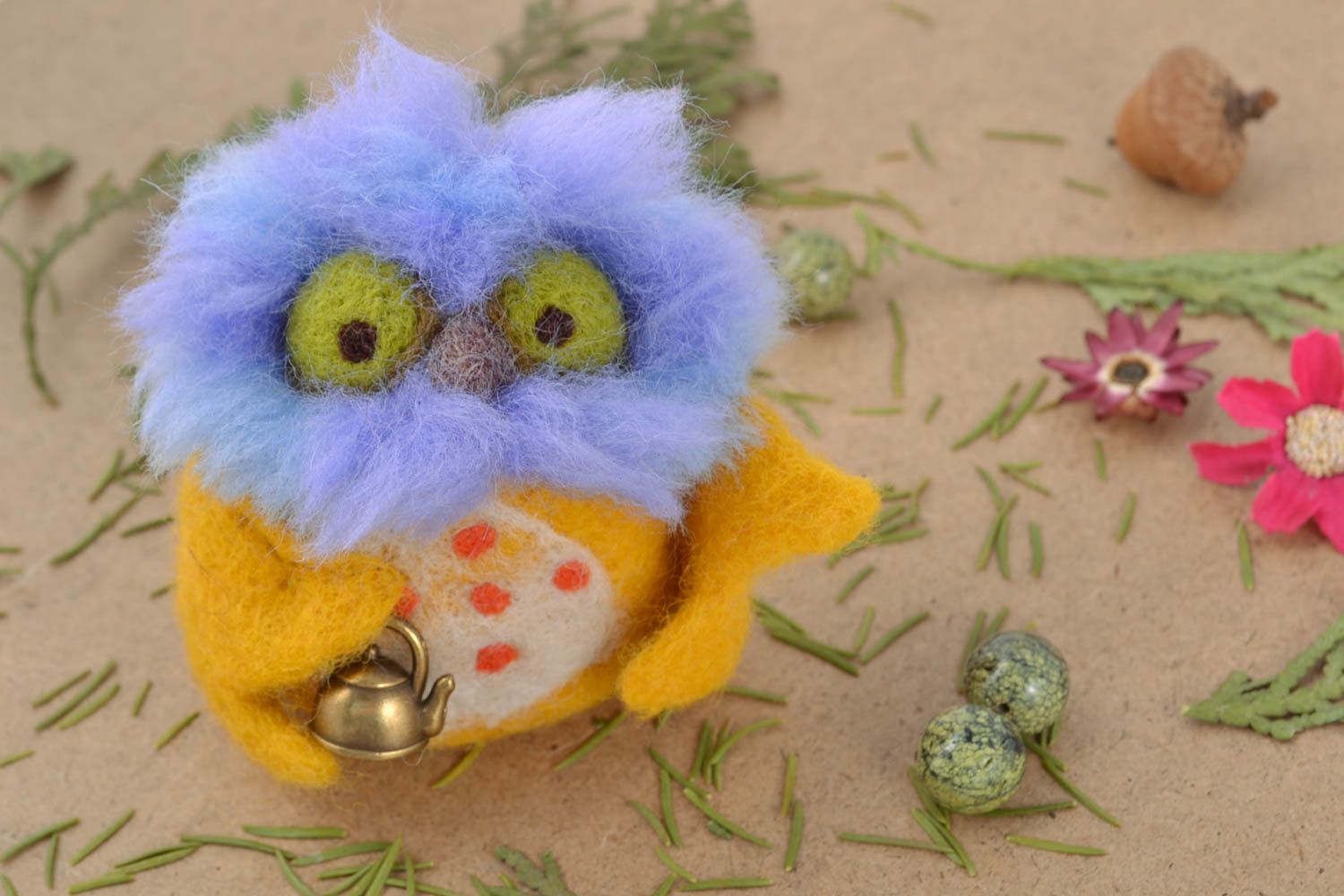 Wool toy for home Eagle Owl with Teapot photo 1