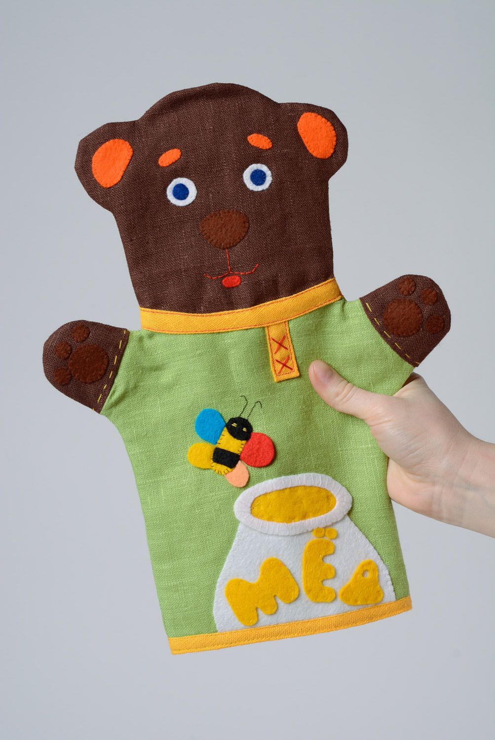 Авторская игрушка на руку кукла перчатка из ткани в виде мишки бибабо хенд мэйд фото 1