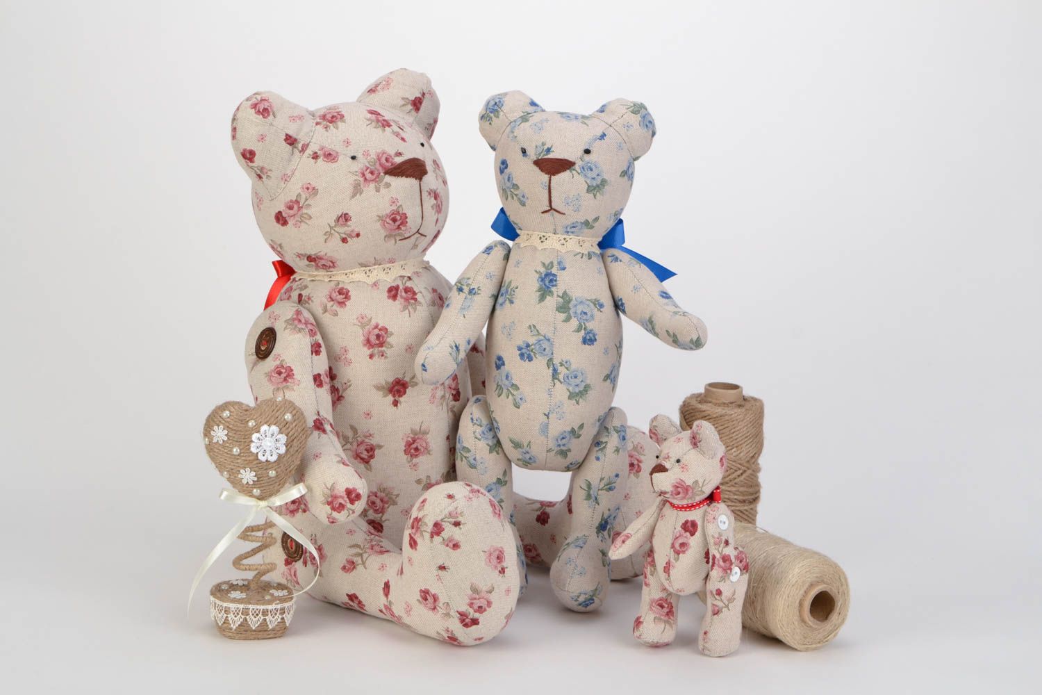 Set of beautiful handmade fabric soft toys 3 pieces Bears photo 1