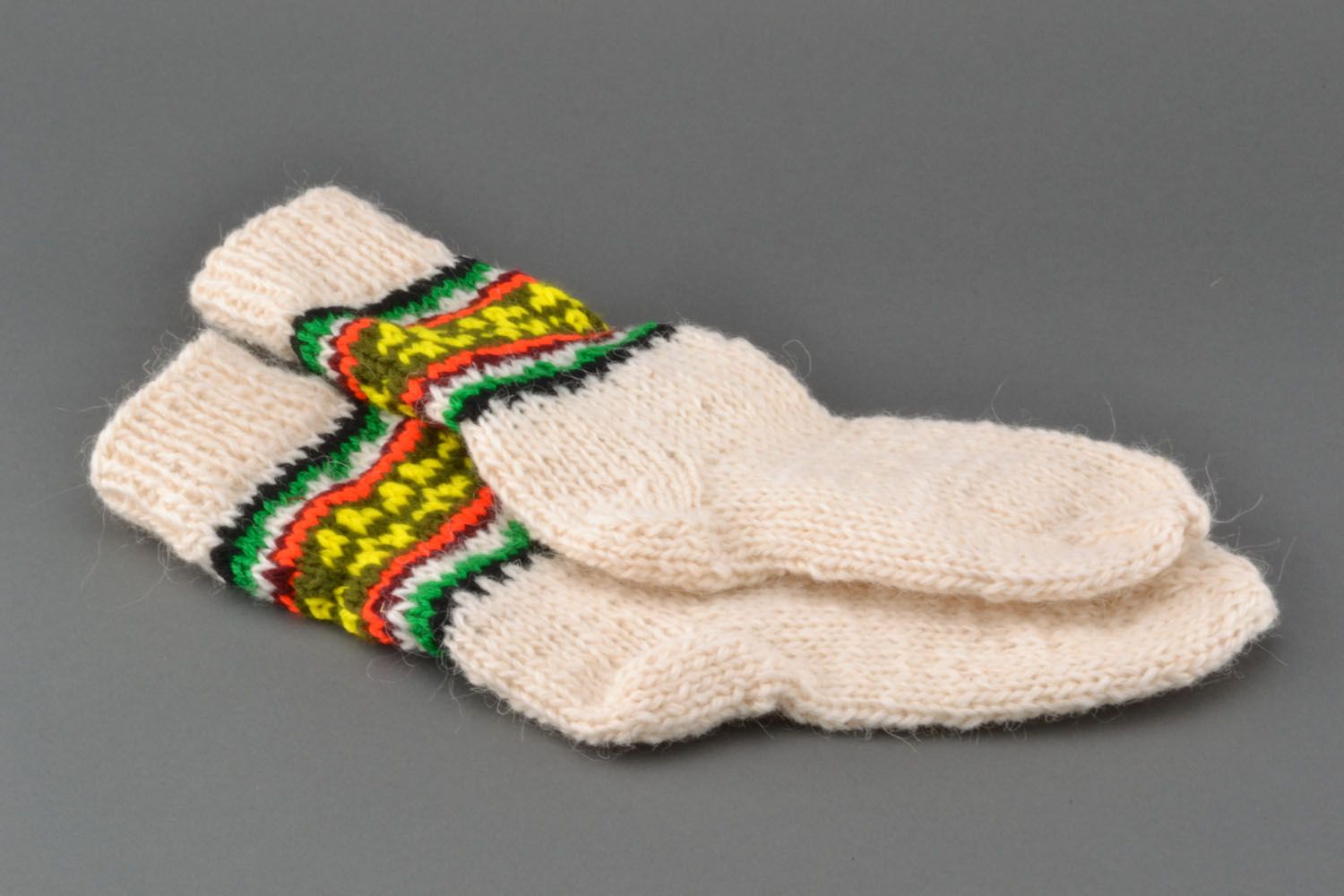 White woolen socks with colorful ornament photo 4