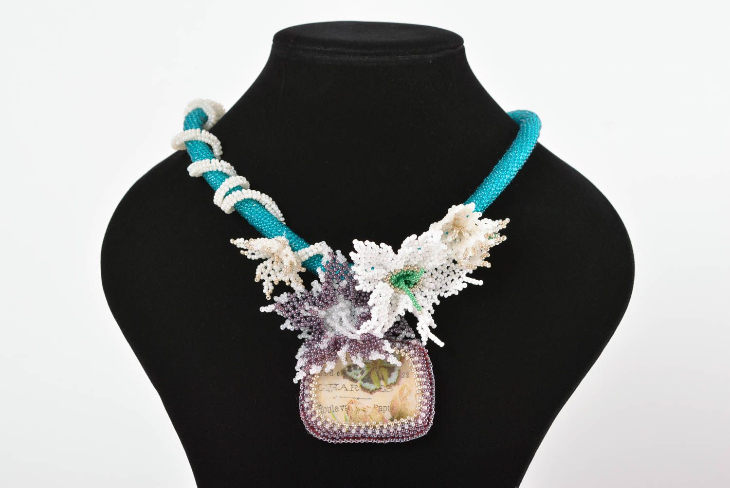 Beaded necklace with decoupage pendant gentle beautiful blue and white jewelry photo 2