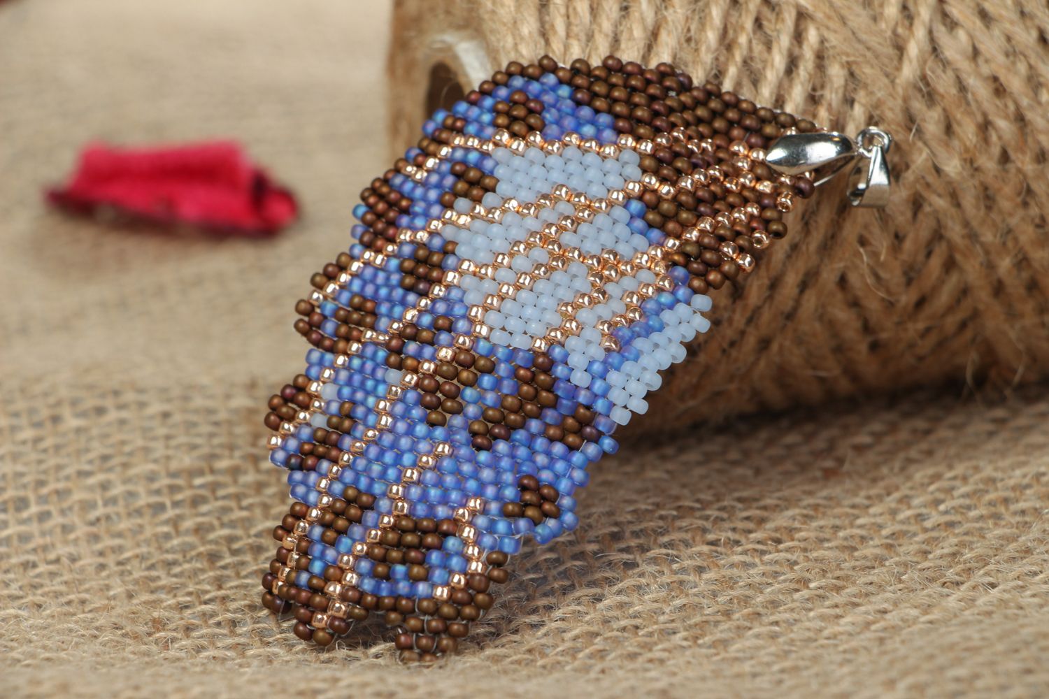 Handmade beaded pendant in the shape of butterfly wing photo 4