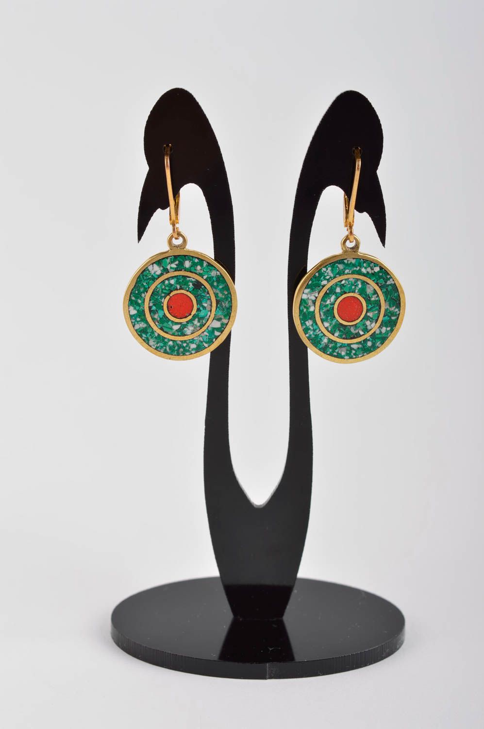 Stylish earrings with natural stones handmade brass earrings metal bijouterie photo 2