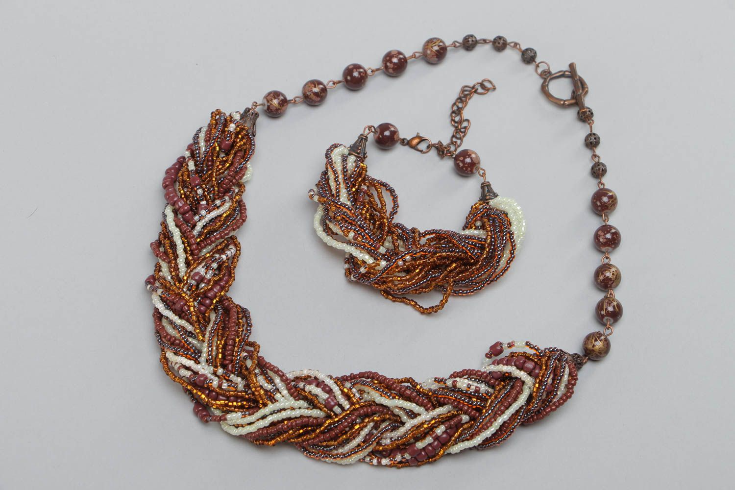 Handmade woven beaded jewelry set 2 pieces brown bracelet and necklace photo 2