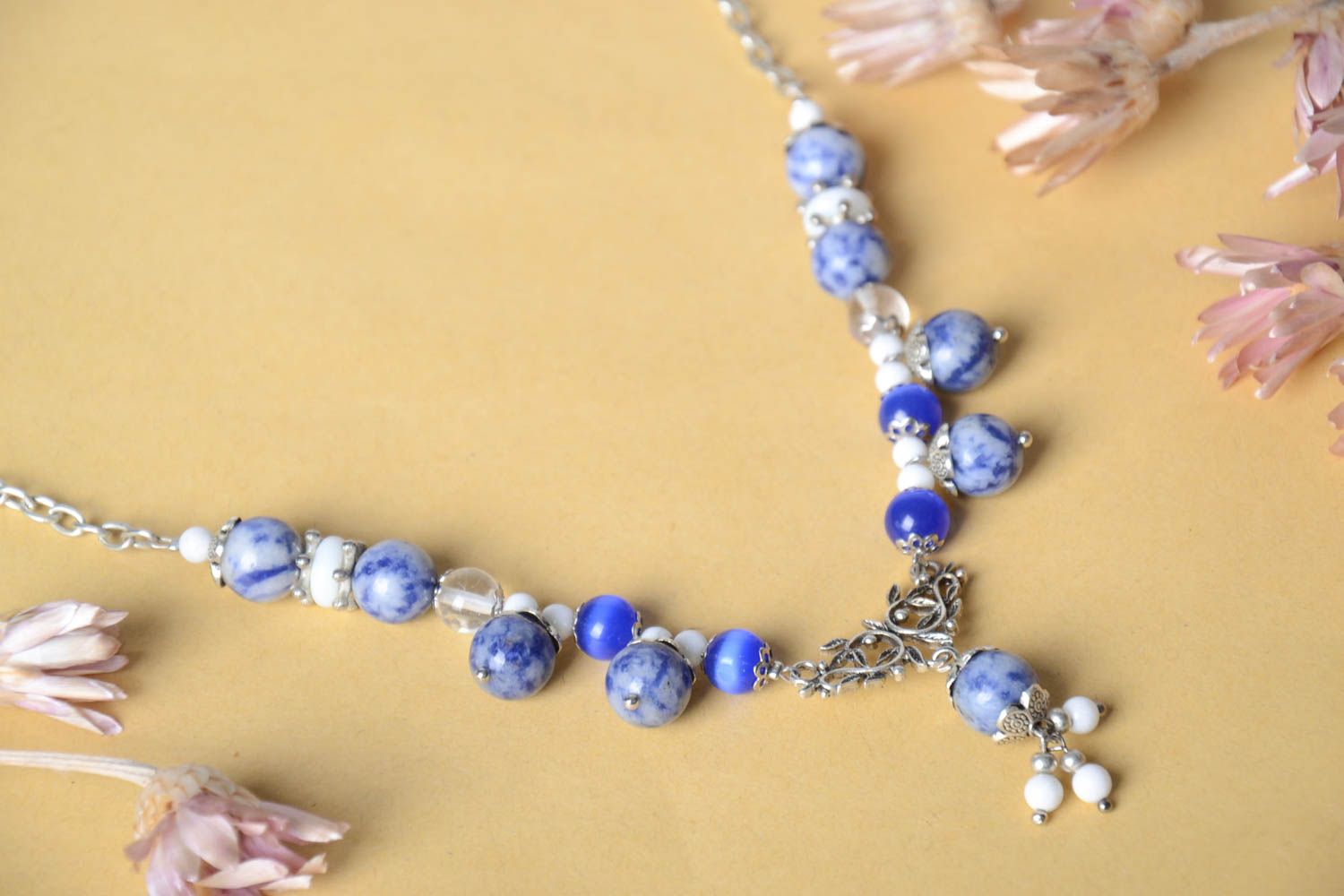 Handmade elegant blue necklace unusual stylish necklace designer jewelry photo 5