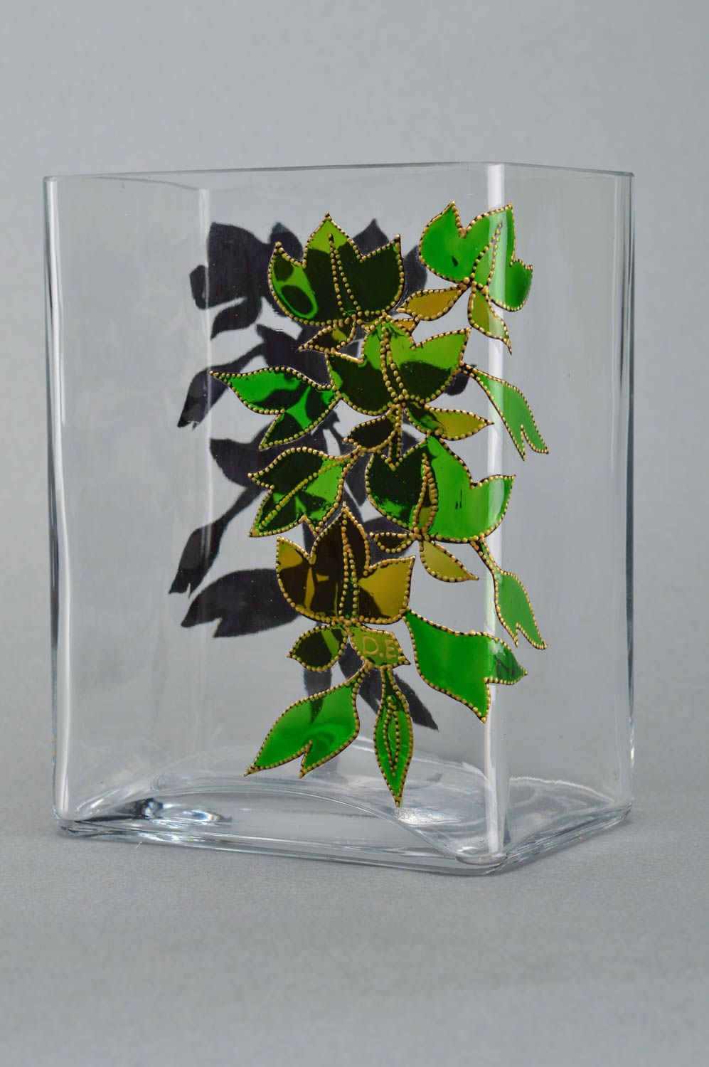 Vase à fleurs en verre fait main transparent noir et vert peinture originale photo 2