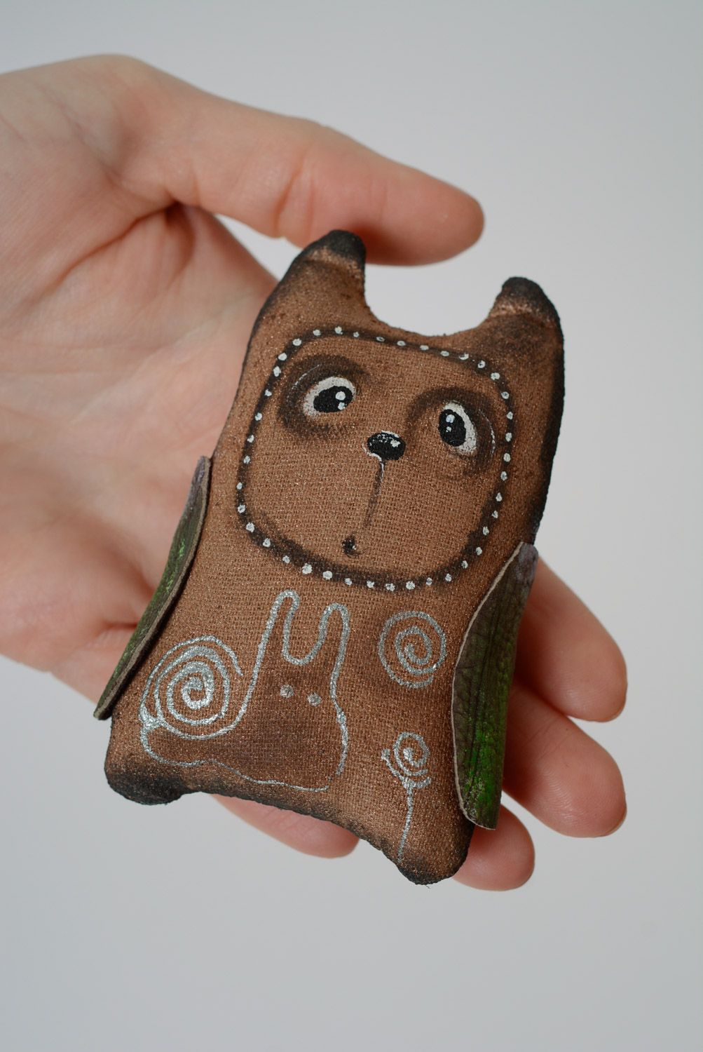 Handmade textile fridge magnet toy owl imbued with coffee photo 3