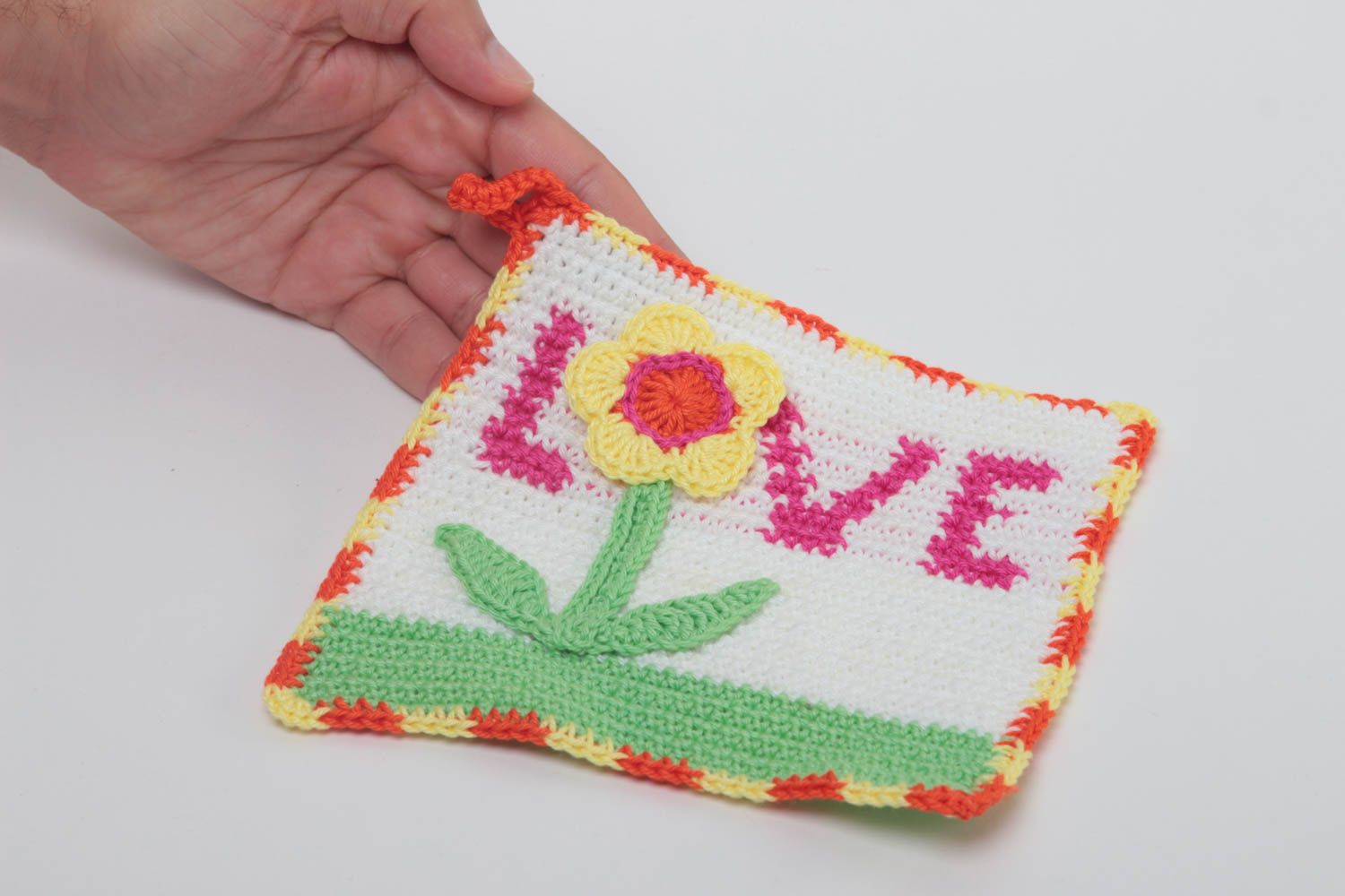 Handmade Topflappen gehäkelt Küchen Textilien Haus Deko mit Blume Love foto 5