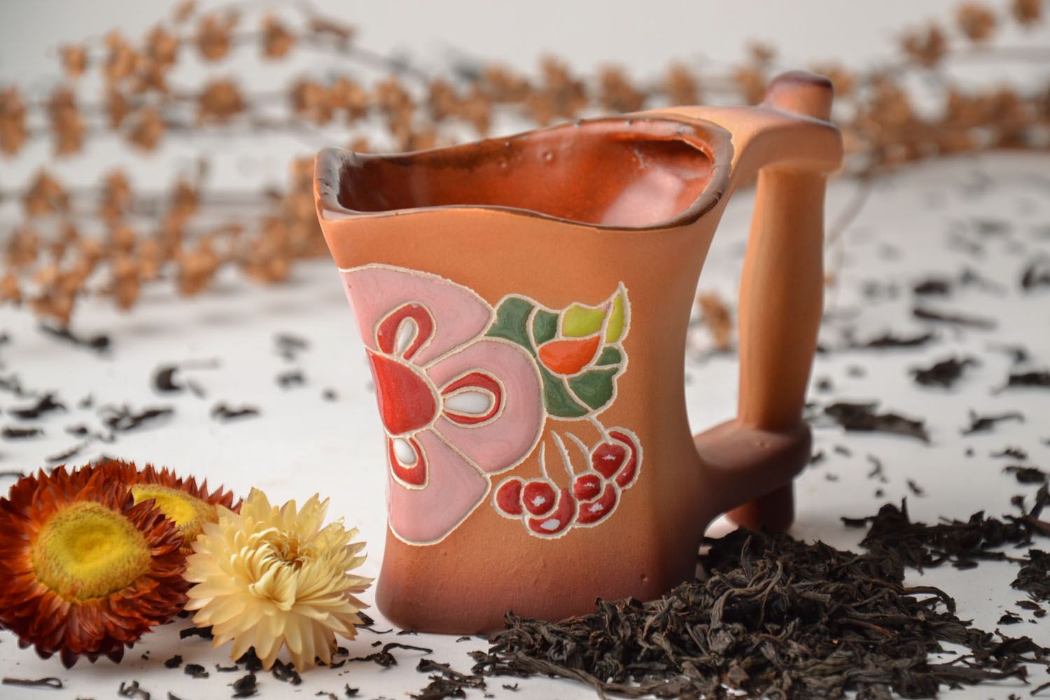 8 oz clay handmade art drinking cup with a wide handle and floral pattern photo 1