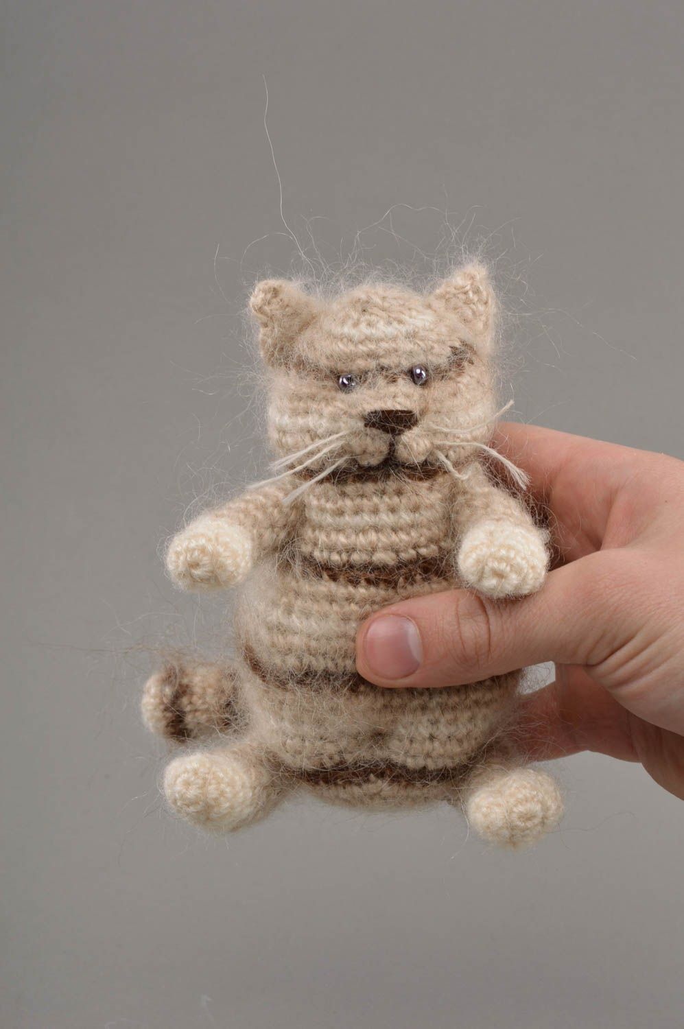 Small handmade beautiful gray soft toy cat crocheted of mohair threads photo 4