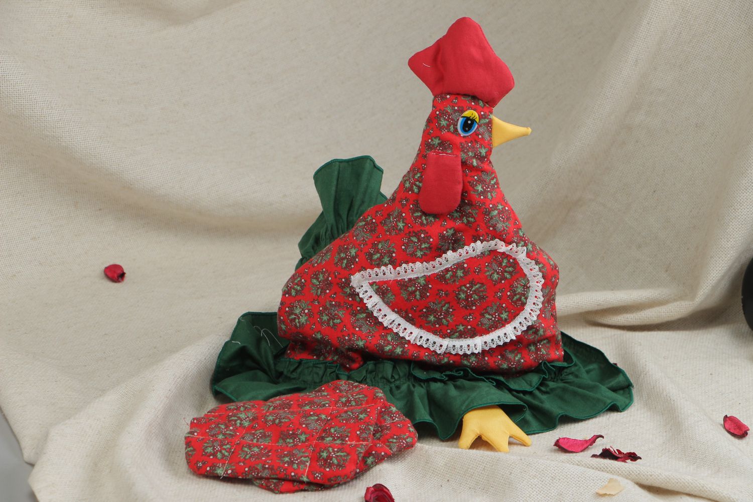 Grand couvre-théière artisanal textile avec maniques fait main en forme de poule photo 5