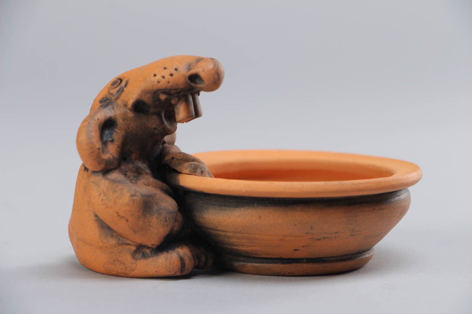 Grande salière en céramique brune avec figurine de rat faite main insolite photo 2