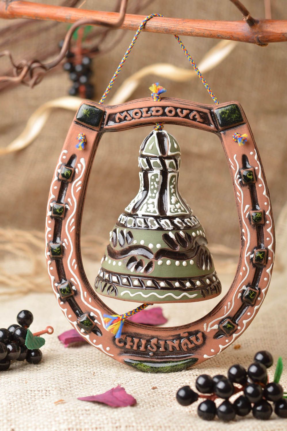 Beautiful decorative handmade ceramic bell with painting Horseshoe photo 1