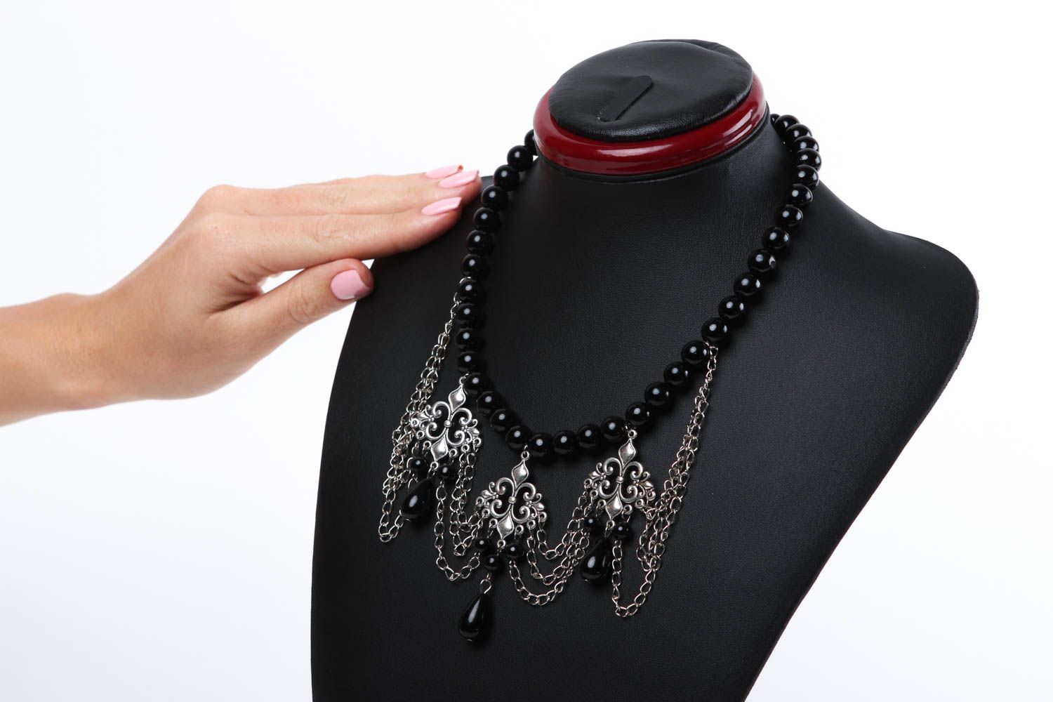 Collier de soirée Bijou fait main noir perles céramiques agate Cadeau femme photo 5