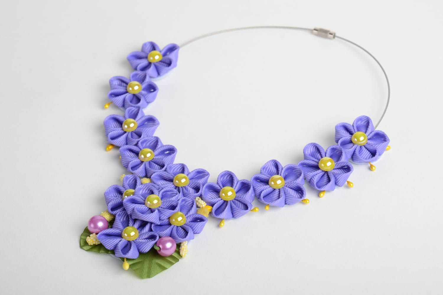 Handmade designer necklace with violet rep ribbon kanzashi flowers and beads photo 5