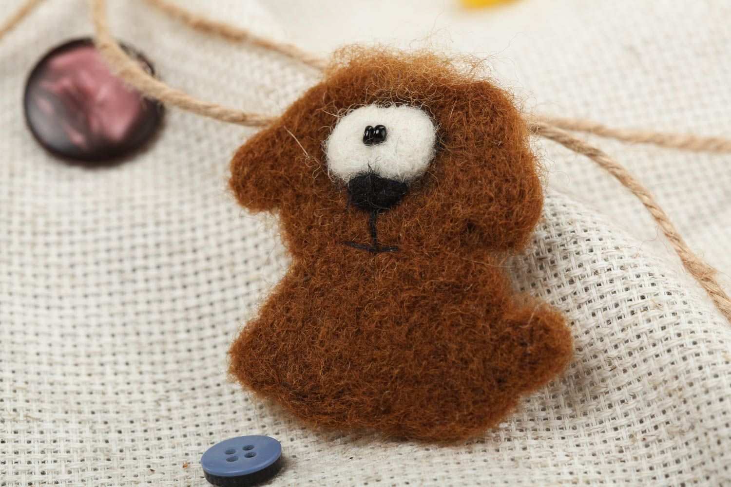 Handmade designer funny animal brooch felted of wool small brown dog for kids photo 1
