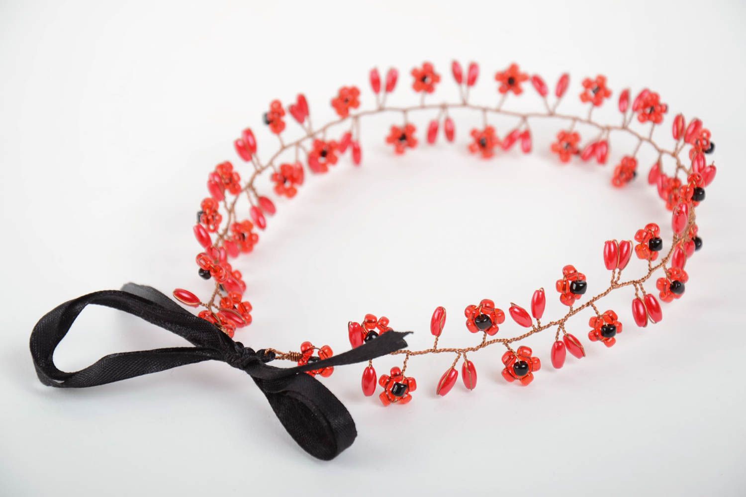 Serre-tête avec fleurs en perles de rocaille rouge noir fin fait main original photo 5