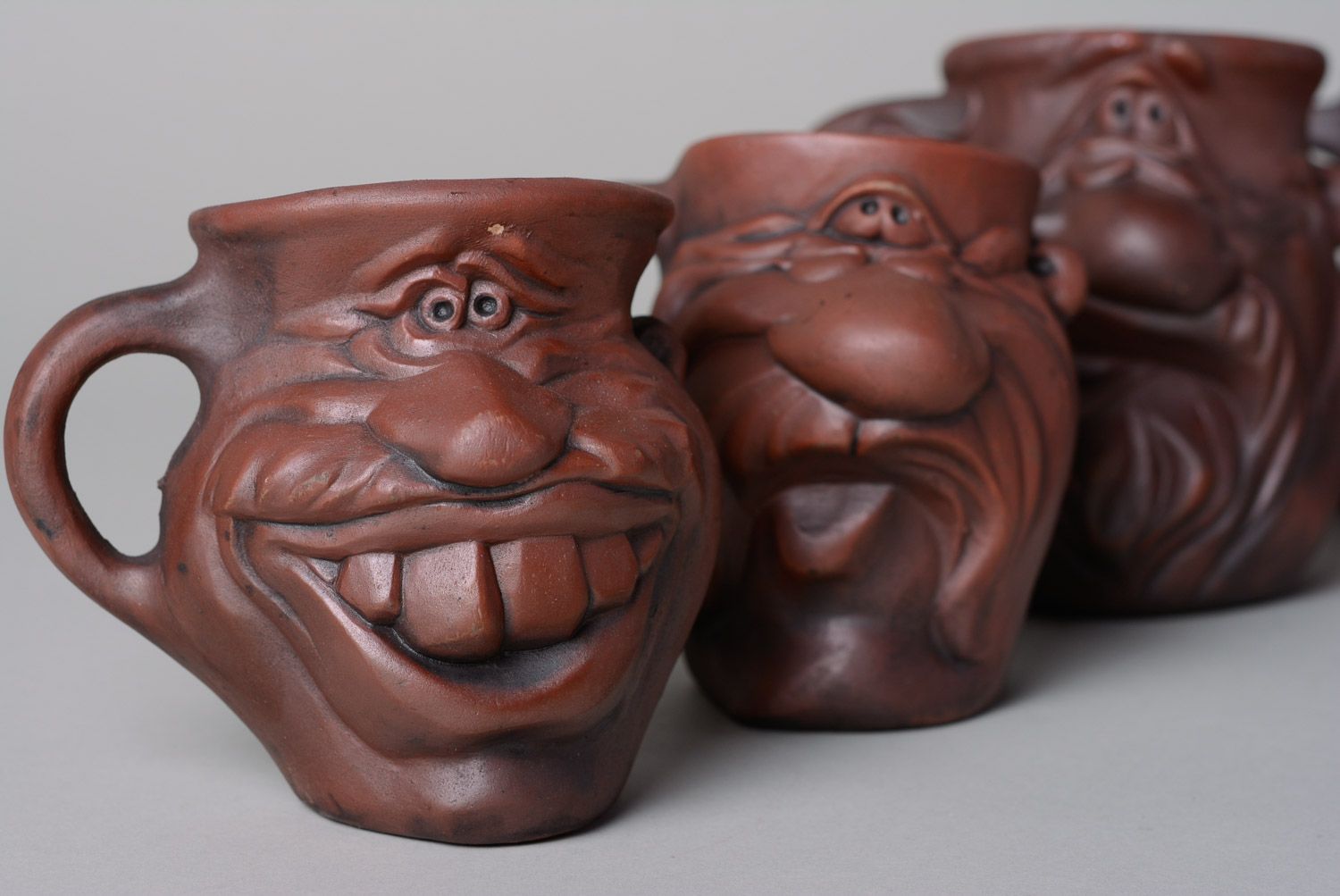 Set of 6 six ceramic handmade drinking cups in the shape of different funny faces  photo 4