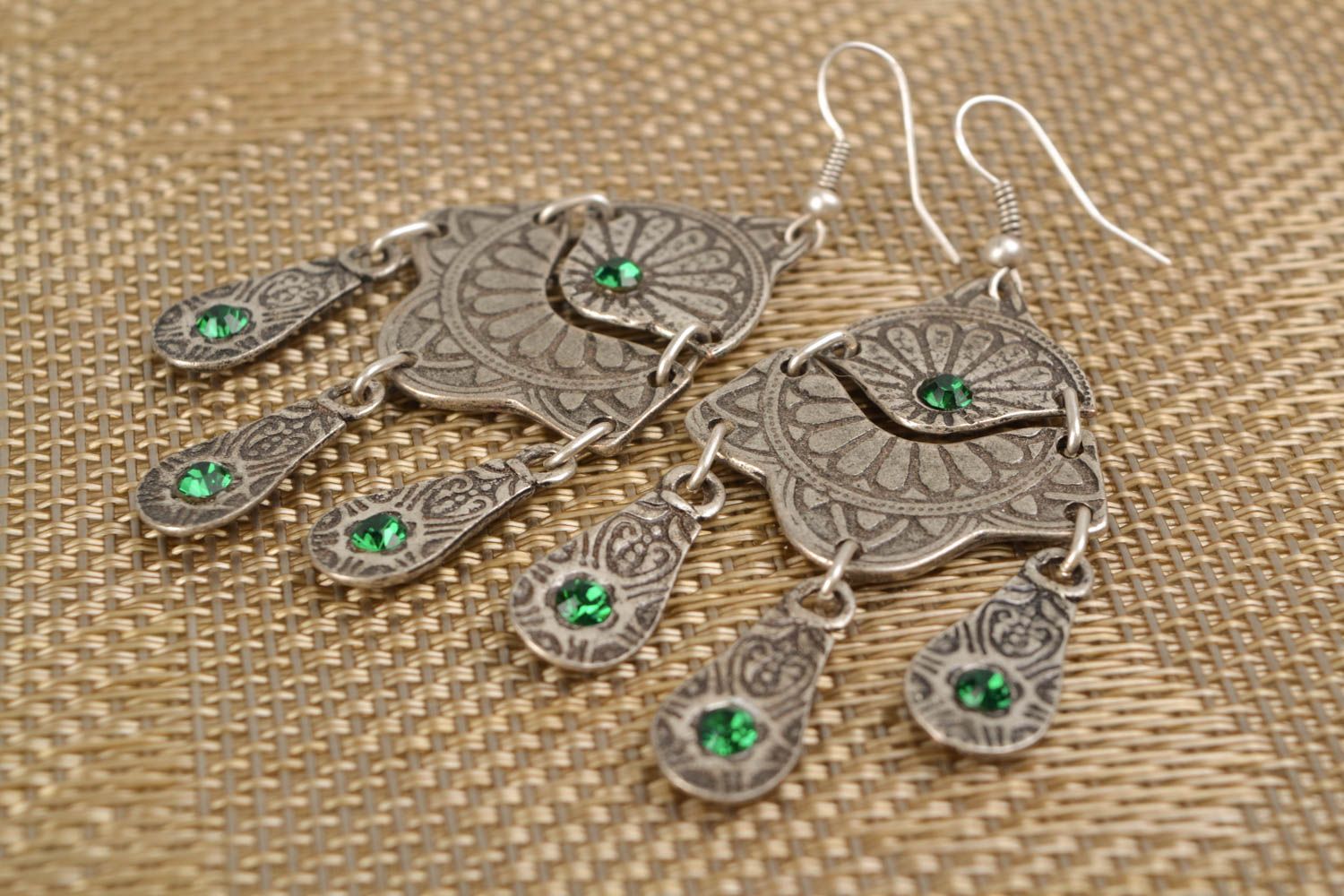 Metal earrings with strasses in ethnic style photo 1