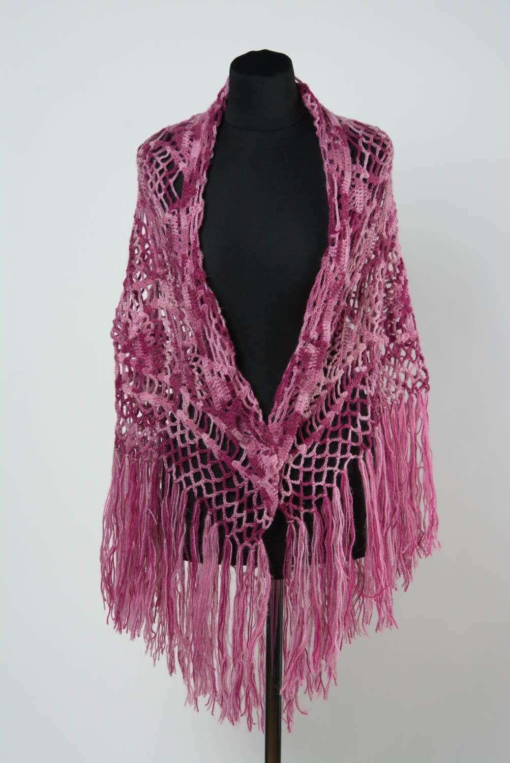 Handmade warm lace knitted shawl in pink color palette with fringe for women photo 2