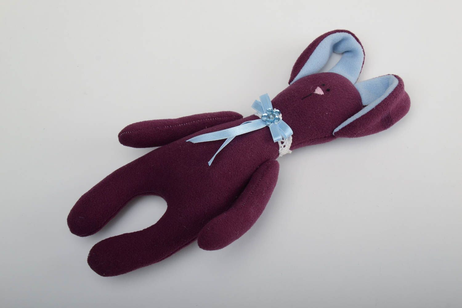 Handmade designer soft toy sewn of fleece violet rabbit with long ears photo 2