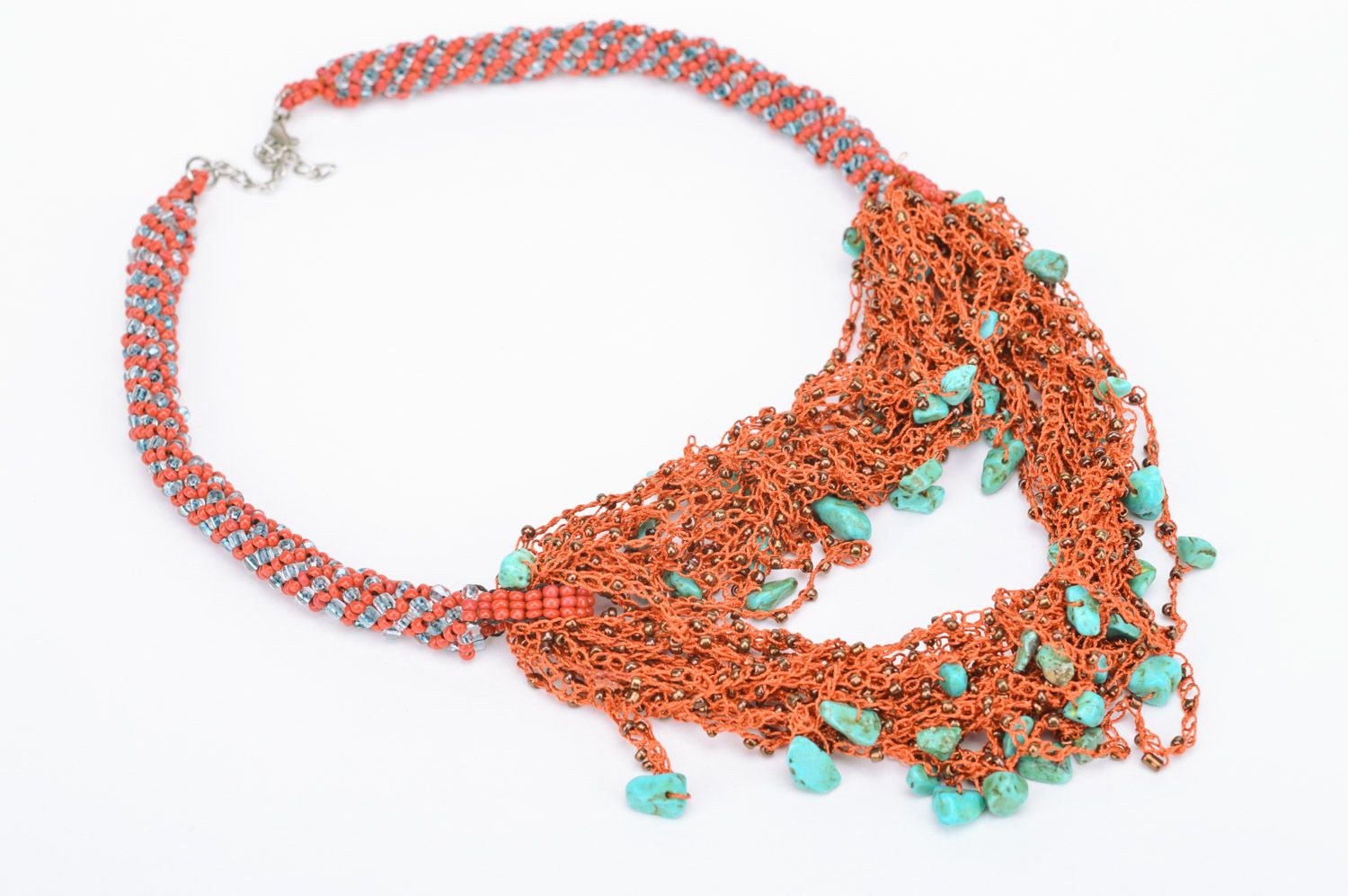 Handmade massive multi row necklace woven of Czech beads and turquoise beads photo 5