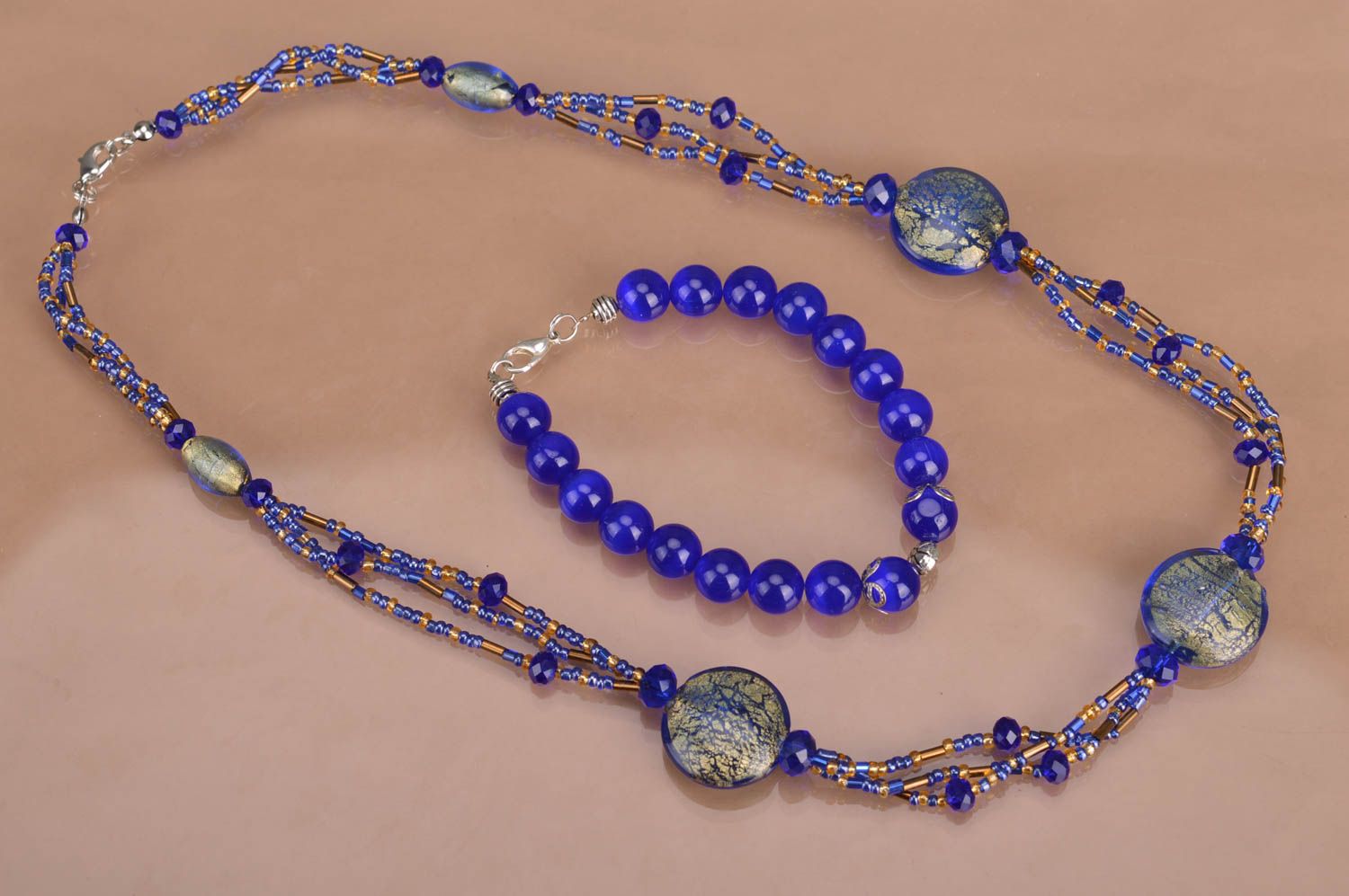 Handmade blue and golden beaded jewelry set wrist bracelet and long necklace photo 2