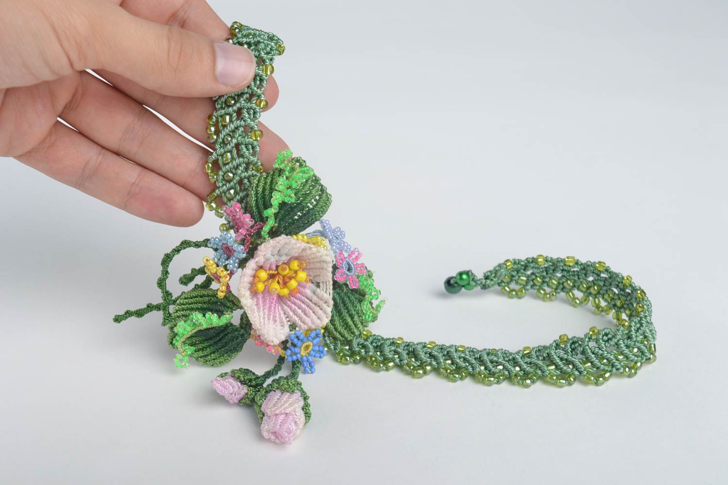 Collier vert Broche florale faits main tressés macramé Cadeau pour femme photo 5