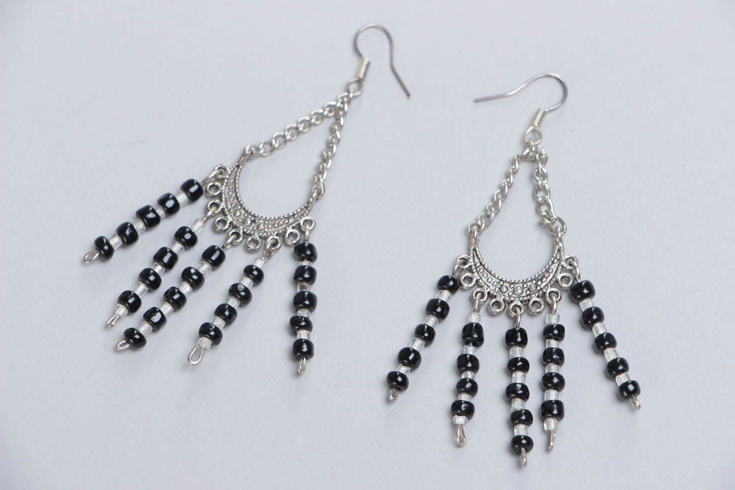 Handmade stylish long metal earrings with beads black-and-white summer accessory photo 2