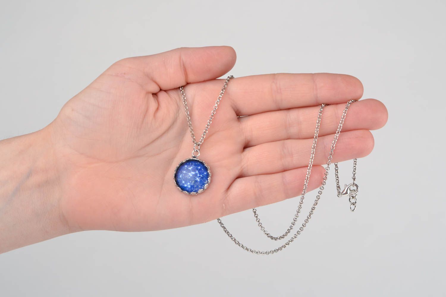 Designer round handmade blue pendant with glass coating Constellation on chain photo 2